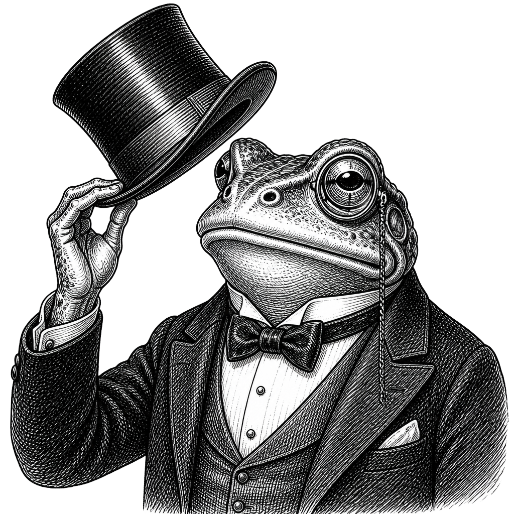 Engraving of a frog in a tuxedo preparing an apothecary shop