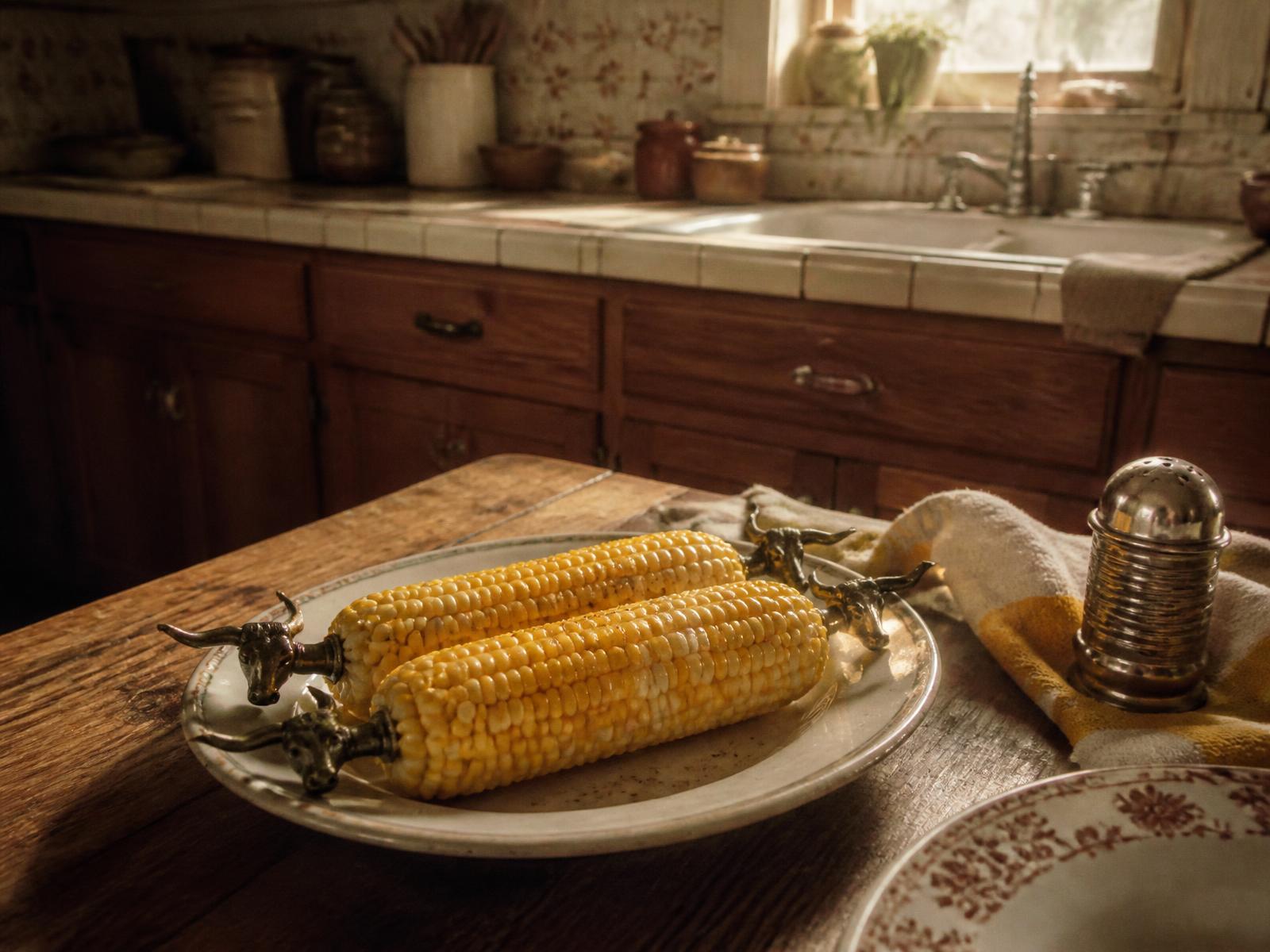 Longhorn corn holders in a warm vintage kitchen